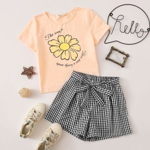 Girls Slogan and Floral Print Top & Belted Gingham Shorts Set