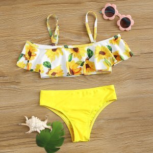 Girls Sunflower Print Flounce Bikini Swimsuit