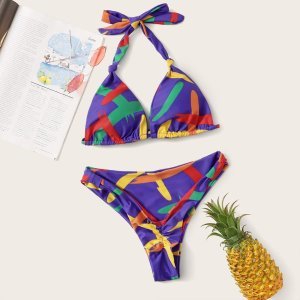 Graphic Halter Triangle High Cut Bikini Swimsuit