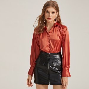 Shein - High low covered button up satin blouse