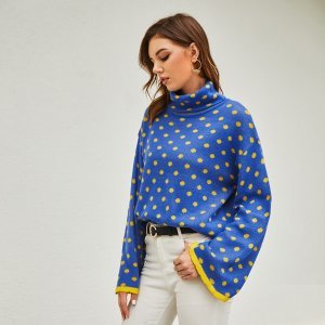 Shein - High neck drop shoulder polka dot sweater