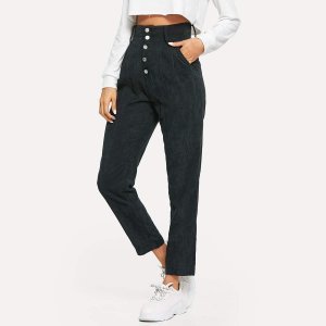 Shein - High waist button fly cord tapered pants