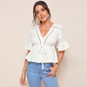 Hollow Out Solid Knot Blouse