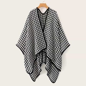 Shein - Houndstooth piping trim poncho coat
