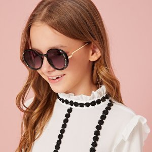 Kids Rhinestone Decor Round Frame Sunglasses With Case