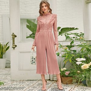 Lace Bodice Covered Button Pleated Detail Jumpsuit