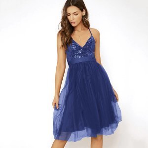 Lace Up Backless Sequin Bodice Mesh Overlay Dress
