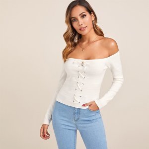 Lace Up Front Fitted Bardot Sweater