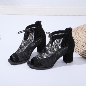Lace-up Front Mesh Chunky Heels