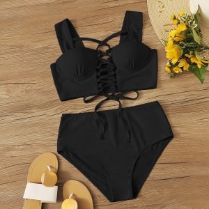 Lace Up Front Underwire High Waisted Bikini Swimsuit