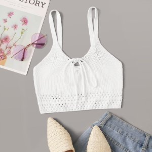 Lace Up Knot Pointelle Knit Cami Top
