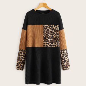 Leopard Panel Cut-and-sew Ribbed Dress
