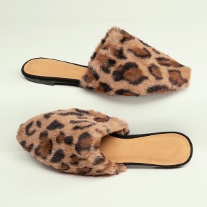 Leopard Pointy Toe Faux Fur Flat Slide Mules