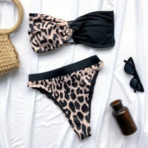 Leopard Twist Bandeau High Leg Bikini Swimsuit