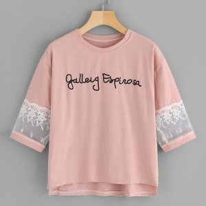 Letter Embroidered Contrast Mesh Sleeve Tee