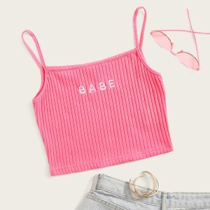 Shein - Letter embroidery rib-knit cami top