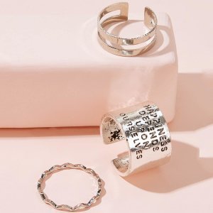 Letter Engraved Wide Cuff Ring 3pcs