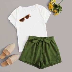 Shein - Lettuce trim tee & belted shorts set
