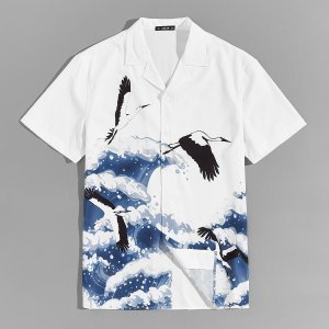Men Birds & Wave Print Shirt