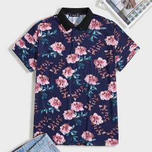 Men Contrast Collar Floral Print Polo Shirt