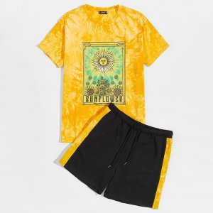 Men Letter and Graphic Print Tie Dye Top & Shorts Set