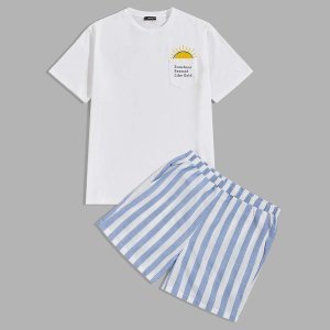 Men Slogan Graphic Pocket Patched Tee and Shorts PJ Set
