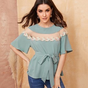 Mesh Insert Appliques Detail Belted Top