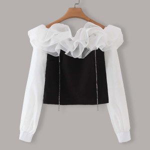 Shein - Mesh panel layered ruffle bardot blouse