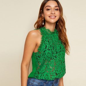 Mock Neck Guipure Lace Front Sleeveless Top