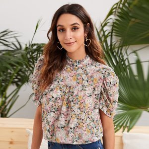 Shein - Mock-neck puff sleeve floral print top