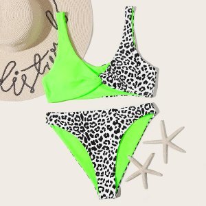 Neon Green Contrast Leopard Twist Bikini Swimsuit