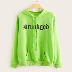Neon Green Letter Graphic Drawstring Hooded Sweatshirt