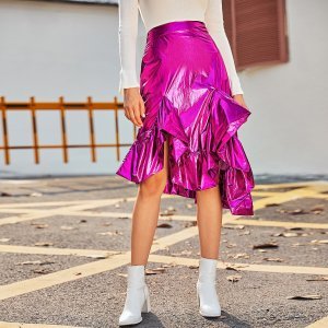 Neon Pink Asymmetrical Ruffle Hem Metallic Skirt