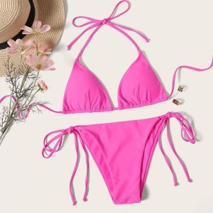 Neon Pink Triangle Tie Side Tanga Bikini Swimsuit