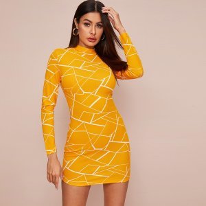 Neon Yellow Geo Print Bodycon Dress