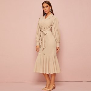 Notched Collar Double Breasted Ruffle Hem Belted Dress