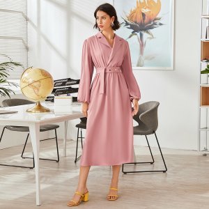 Notched Collar Lantern Sleeve Buttoned Belted Dress