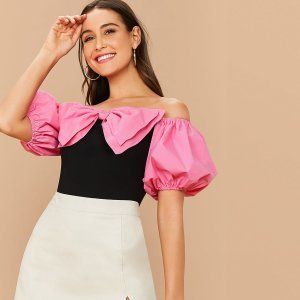 Shein - Off shoulder big bow front puff sleeve top