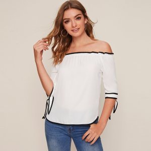 Off Shoulder Contrast Binding Knot Cuff Top