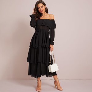 Off Shoulder Ruffle Trim Tiered Layered Dress