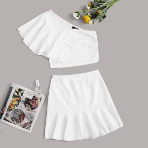 Shein - One shoulder butterfly sleeve crop top & ruffle hem skirt set