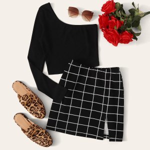 Shein - One shoulder solid crop top & grid print split skirt set