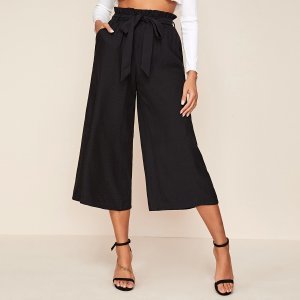 Shein - Paperbag waist slant pocket culotte pants