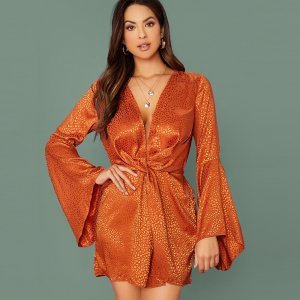 Plunging Neck Twist Front Bell Sleeve Satin Jacquard Dress