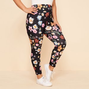 Plus Allover Floral Wide Waistband Leggings