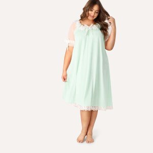 Plus Bow Tie Neck Embroidered Mesh Ruffle Nightdress
