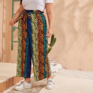 Shein - Plus color-block leopard & zebra stripe belted paperbag pants