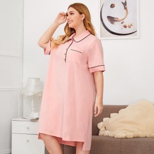 Plus Contrast Binding Detail Pocket Front Polo Nightdress