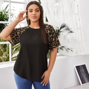 Shein - Plus contrast leopard raglan sleeve blouse