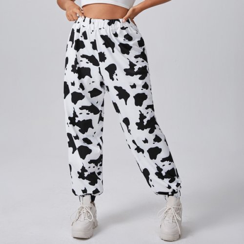 Plus Cow Print Elastic Waist Pants